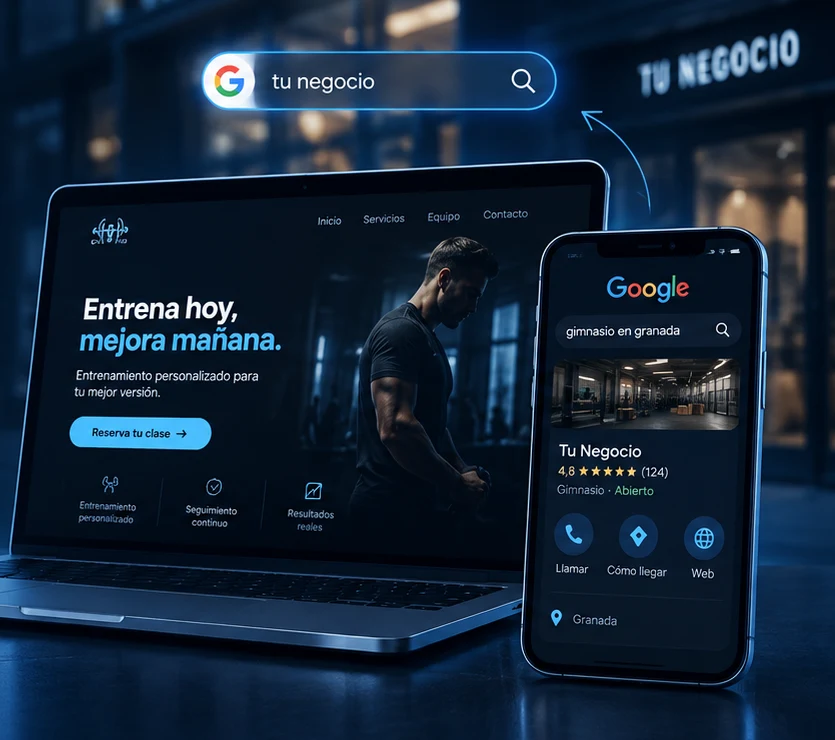Web de un negocio en el portátil y su ficha de Google en el móvil