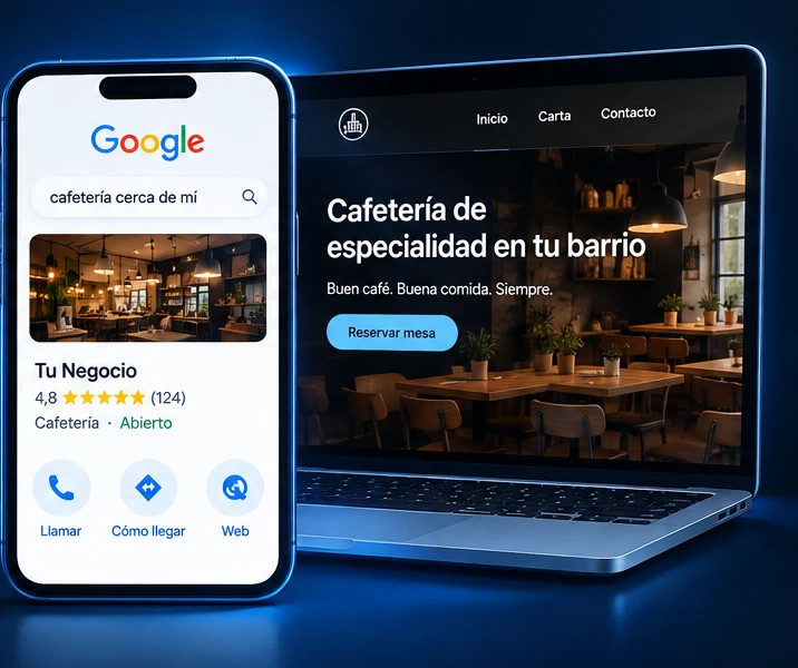 Ficha de un negocio en Google en el móvil y su página web en el portátil