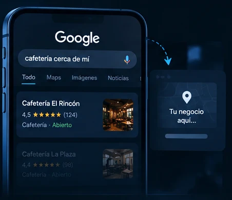 Búsqueda en Google de cafeterías cercanas en la que tu negocio no aparece