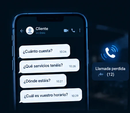 Chat con clientes preguntando precios, servicios, dirección y horario, y llamadas perdidas